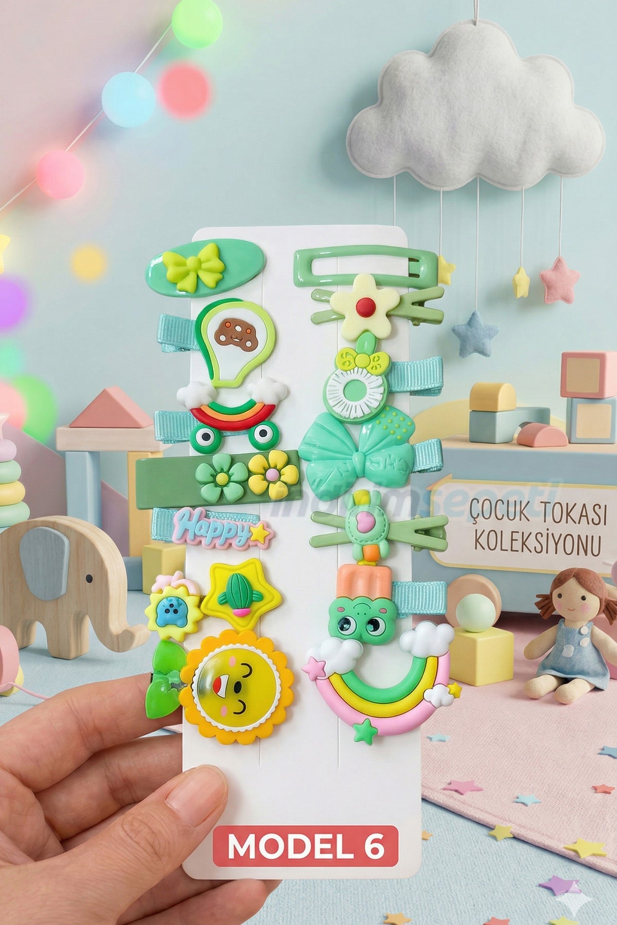 Toka Çocuk Tokası Koleksiyonu - Sevimli Figürlü 14 Parça Lüks Hediye Seti - Yeşil Sarı Kahve Mavi ve Pastel Tonlar - indirimsepeti