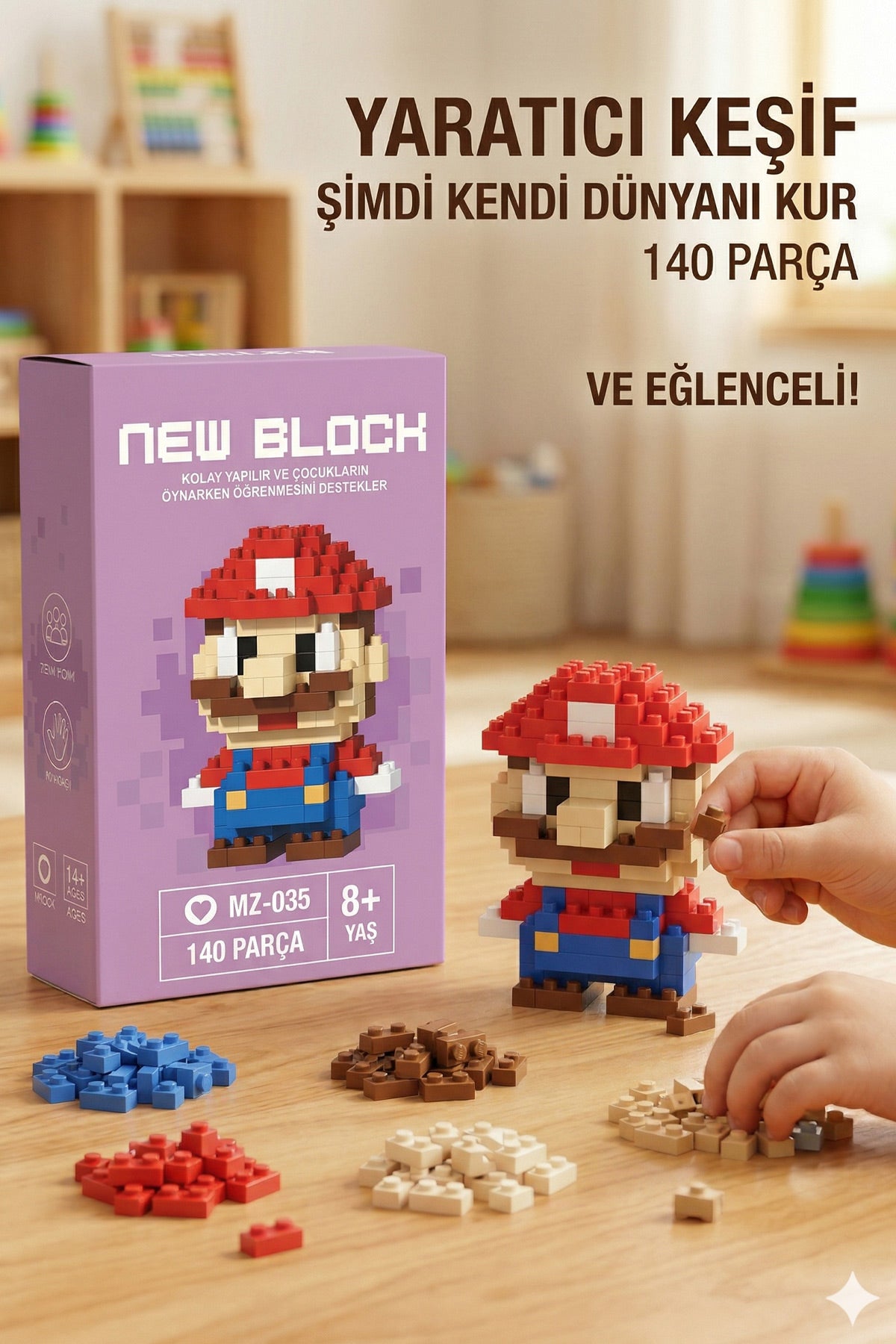 140 Parça Mario Blok Oyuncak Seti –  3D Yapboz Puzzle Yapı Oyuncakları Mini Yapı Oyunu, Eğitici ve Eğlenceli Blok Figür