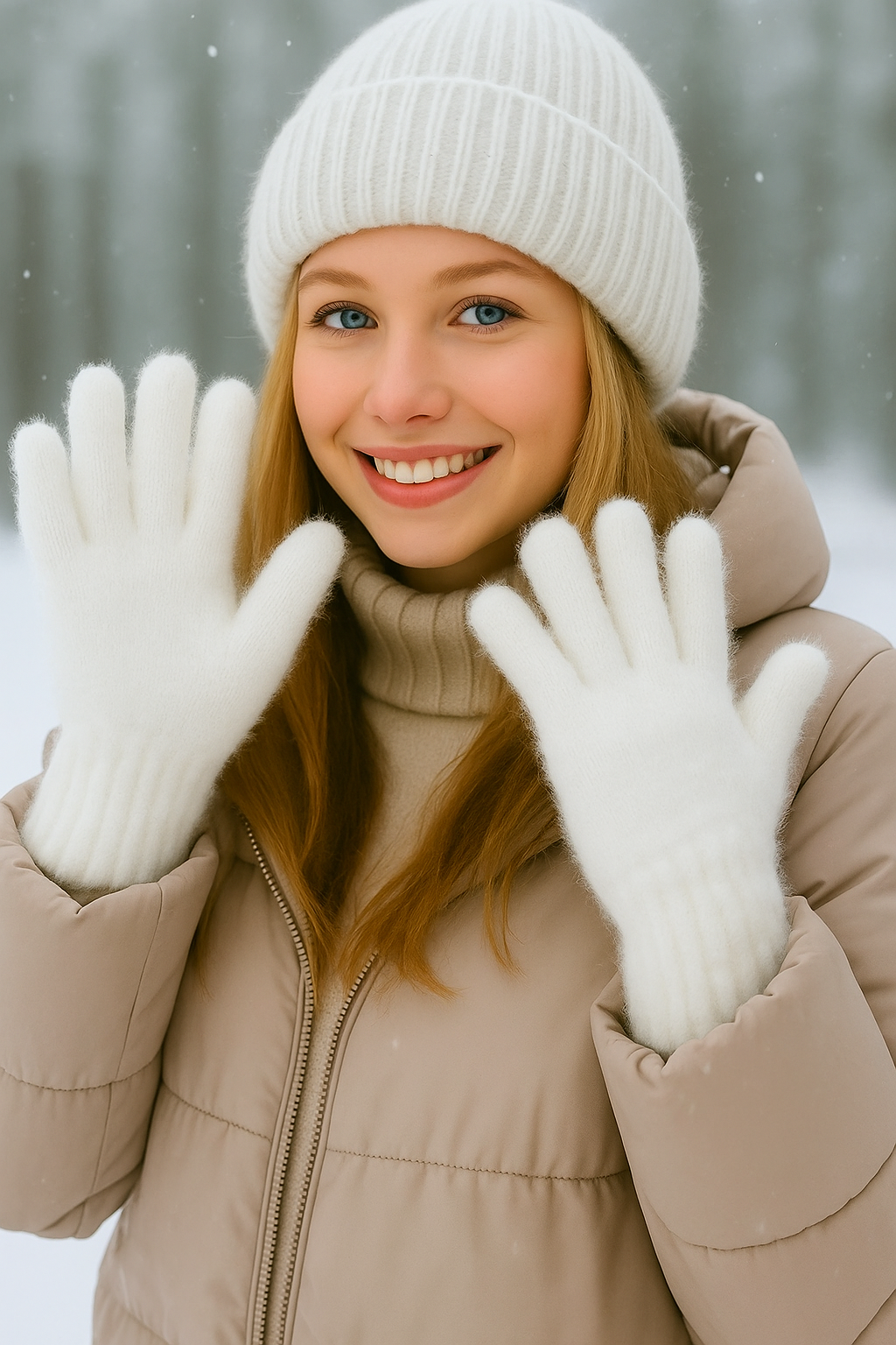 Beyaz Eldiven Yumuşak Peluş Kadın Eldiven Termal Isı Koruma, Esnek ve Parmaklı Günlük Dış Mekan