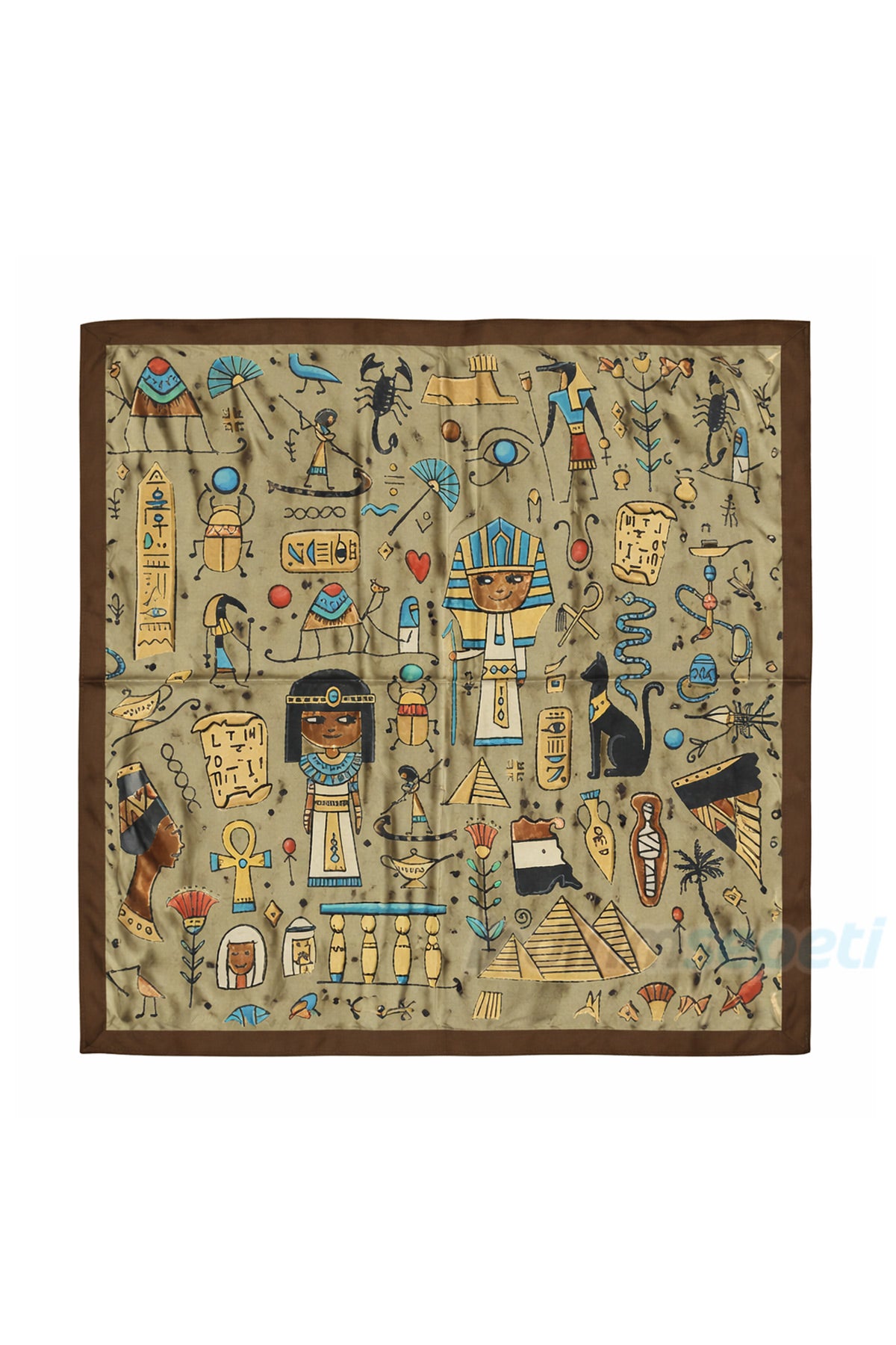 Antik Mısır Figürlü Desenli Saten Fular Bandana 50x50 cm | Sanatsal Saç Boyun & Çanta Aksesuarı