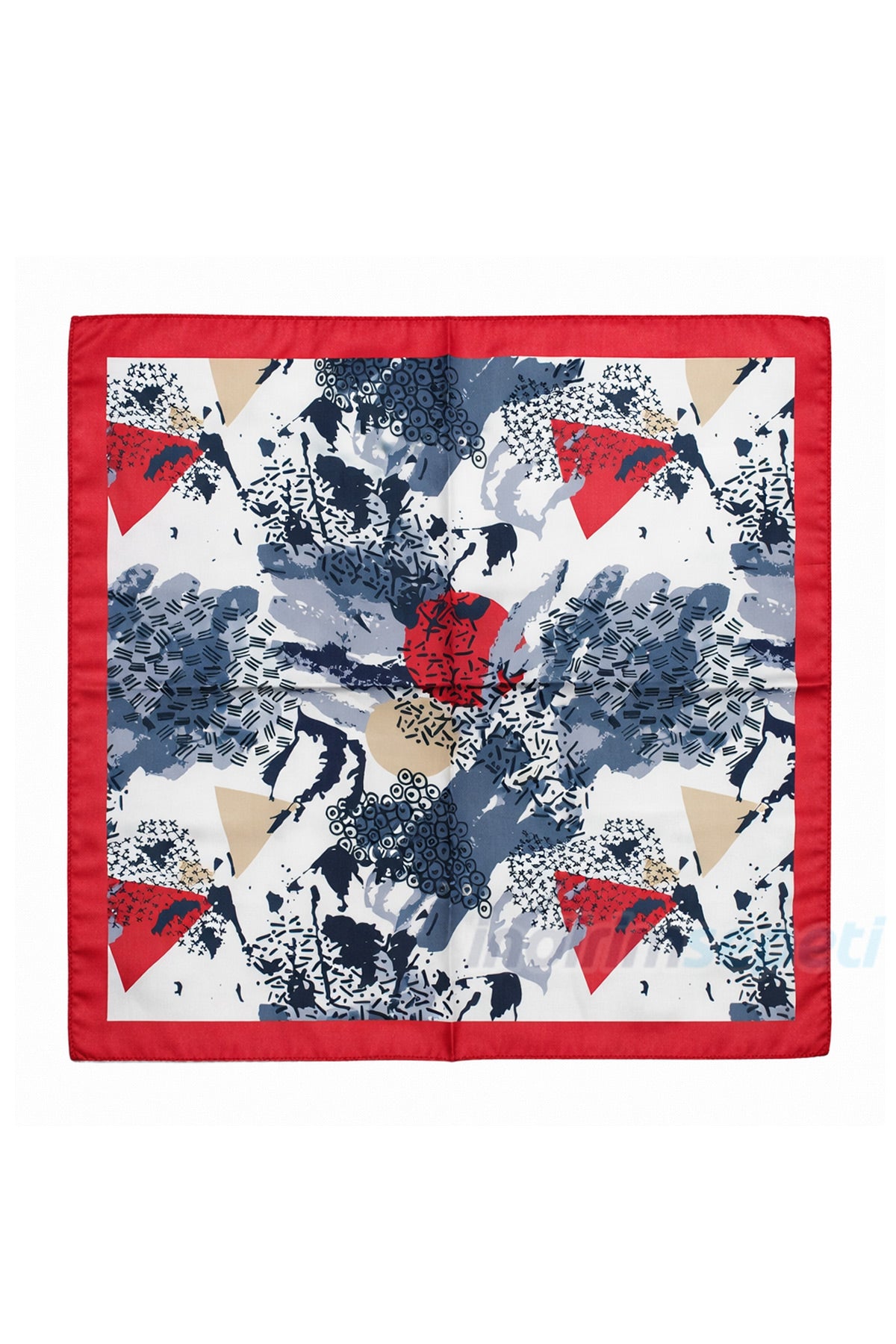 Kırmızı Kenarlı Soyut Desenli Saten Fular 50x50 cm – Güçlü & Dengeli Stil Aksesuarı