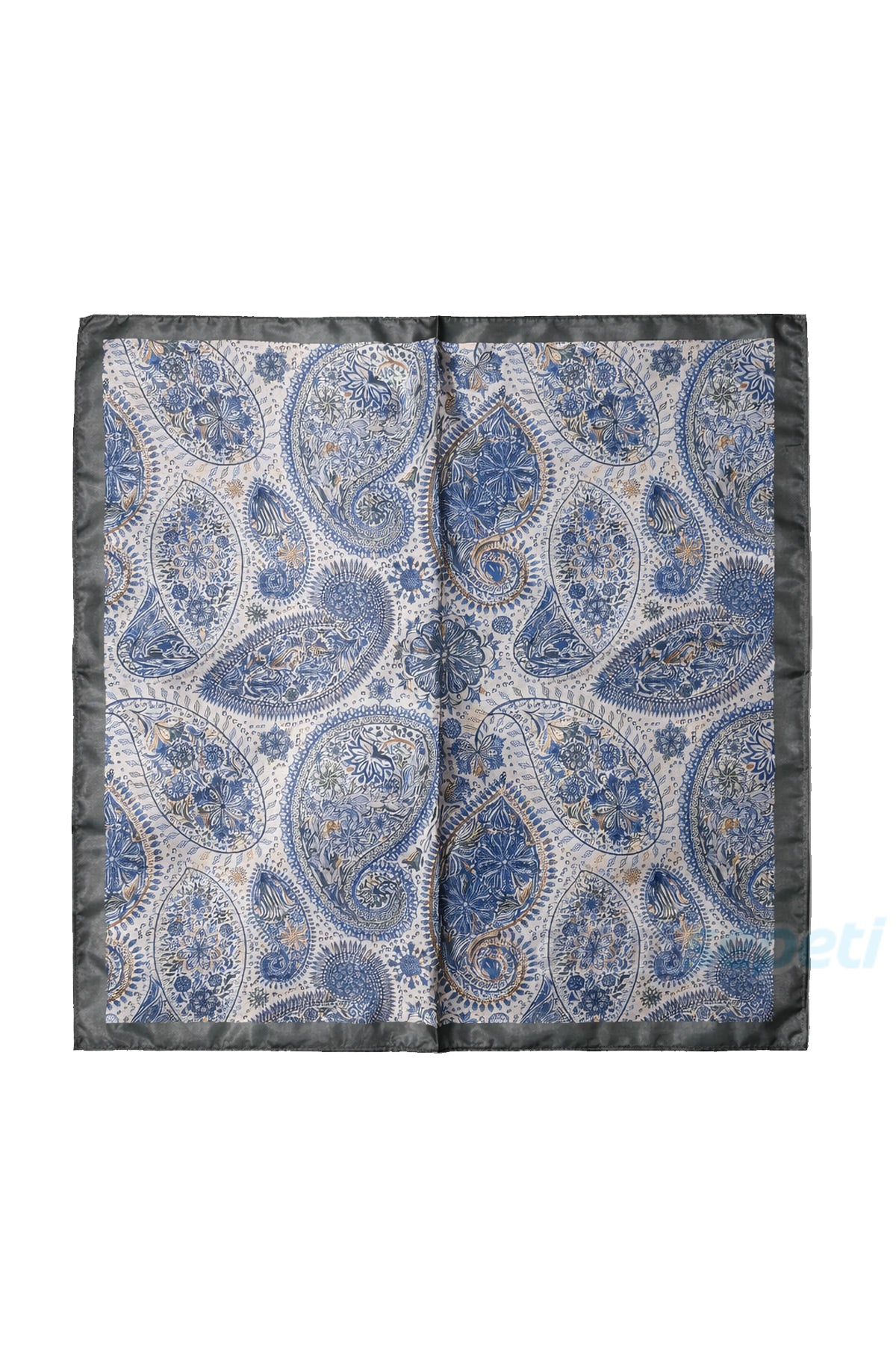 Lacivert Gri Kenarlı Şal Desenli Saten Fular 50x50 cm – Sakin & Güven Veren Stil