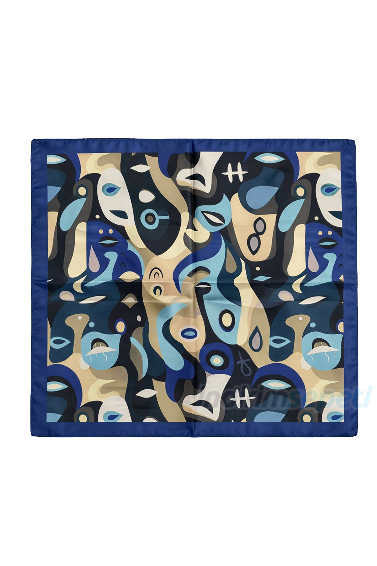Soyut Yüz Figürlü Lacivert Modern Kübizm Desenli Saten Boyun Fuları ve Çanta Aksesuarı