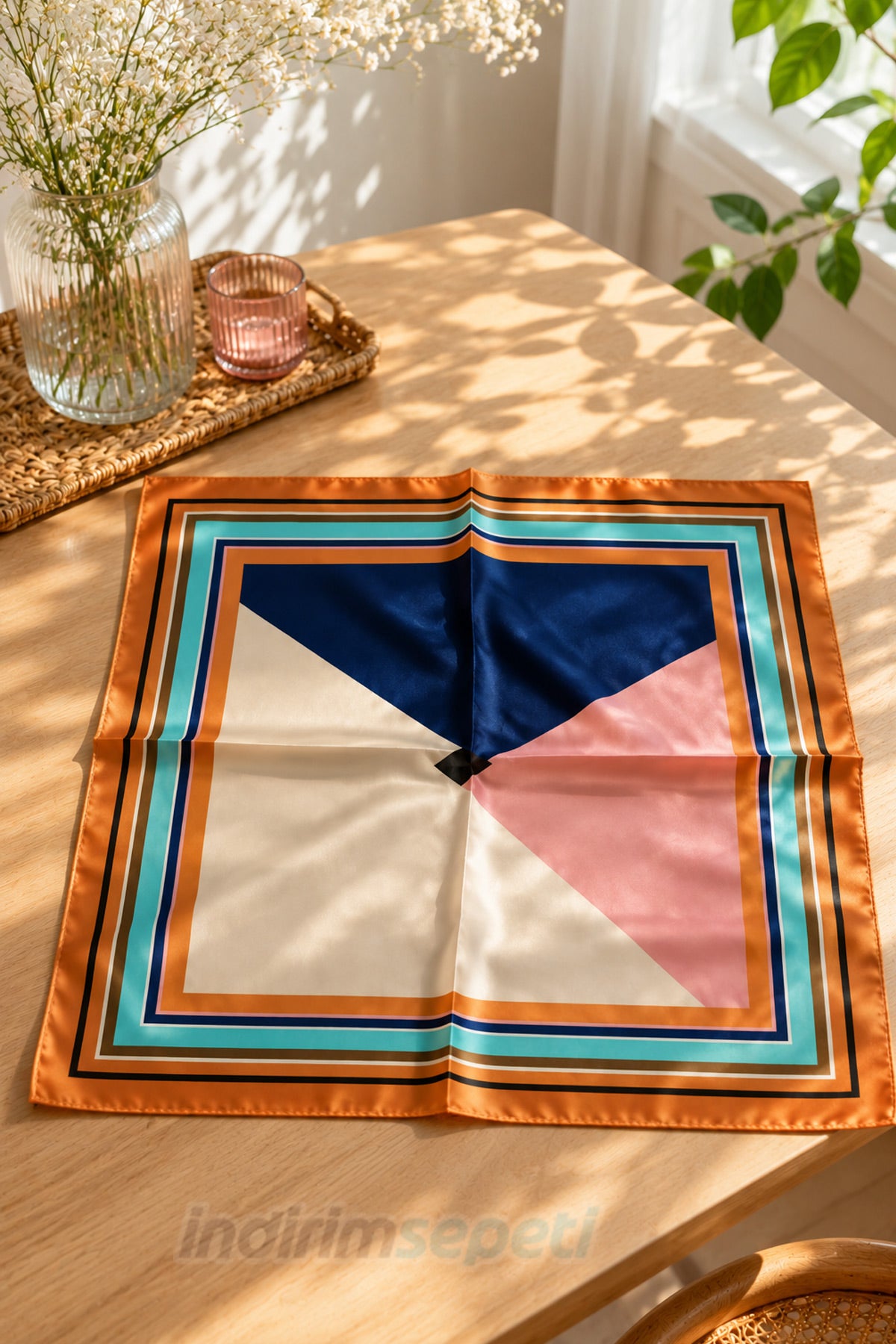 Turuncu Çerçeveli Geometrik Desenli Saten Bandana 50x50 cm – Modern Retro Stil İpeksi Fular