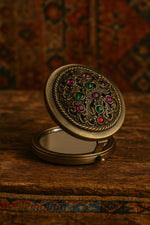 Makyaj Aynası Vintage İşlemeli Taşlı Metal Çift Taraflı Cep Aynası – Hediyelik Çanta İçi Taşınabilir Ayna