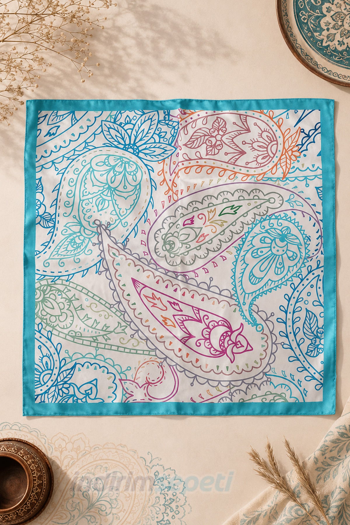 Turkuaz Etnik Şal Desenli Saten Bandana 50x50 cm | Renkli Paisley Fular