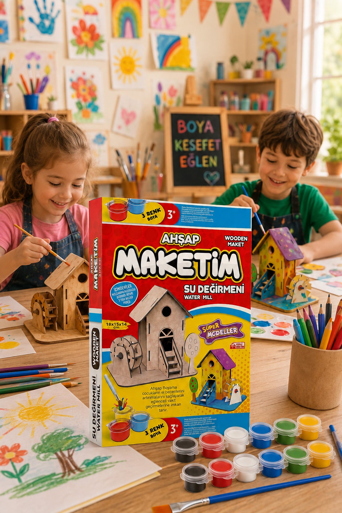 Ahşap Maket Boyama Seti Su Değirmeni | 2 Adet 6’lı 3 ml Boya Kutusu ve Fırçalı Çocuk Etkinlik Seti