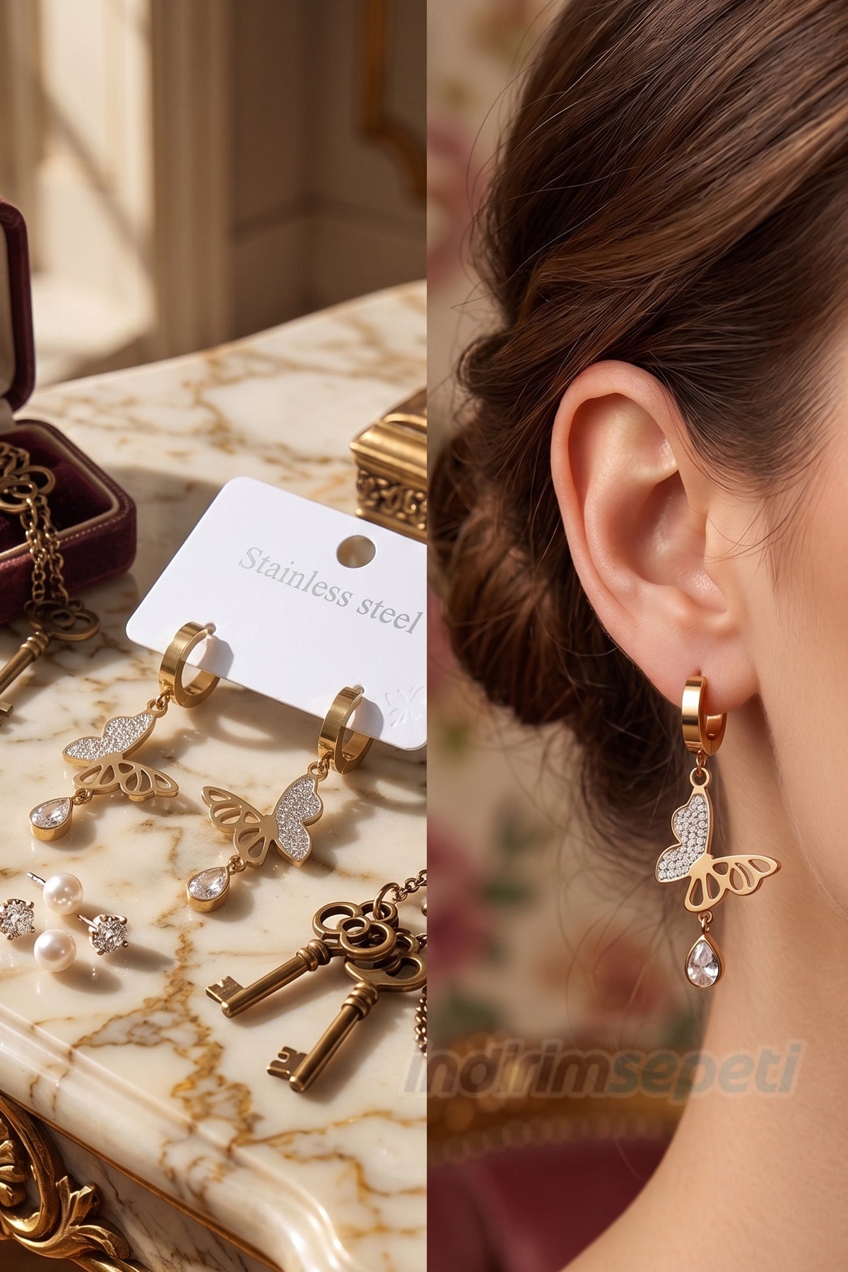 Zirkon Taşlı Elegant Kelebek Sallantılı Küpe Damla Taşlı Sallantılı - indirimsepeti