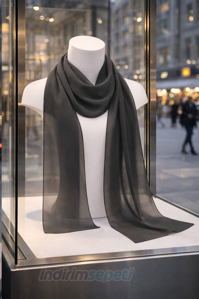 Füme Şifon Fular 110x22 cm – Gri Tonların En Güçlü Hali, Sessiz Ama Etkileyici