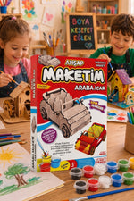 Ahşap Araba Maketi Boyama Seti – 2 Adet 3 ML Boya Kutulu Çocuk Aktivite ve Hobi Seti