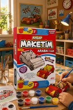 Ahşap Araba Maketi Boyama Seti – 2 Adet 3 ML Boya Kutulu Çocuk Aktivite ve Hobi Seti