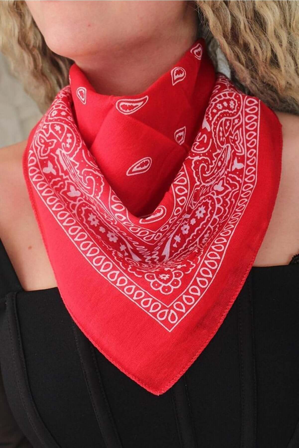 Etnik Desenli Bandana Fular %100 Pamuklu Saç Aksesuar Kırmızı - indirimsepeti