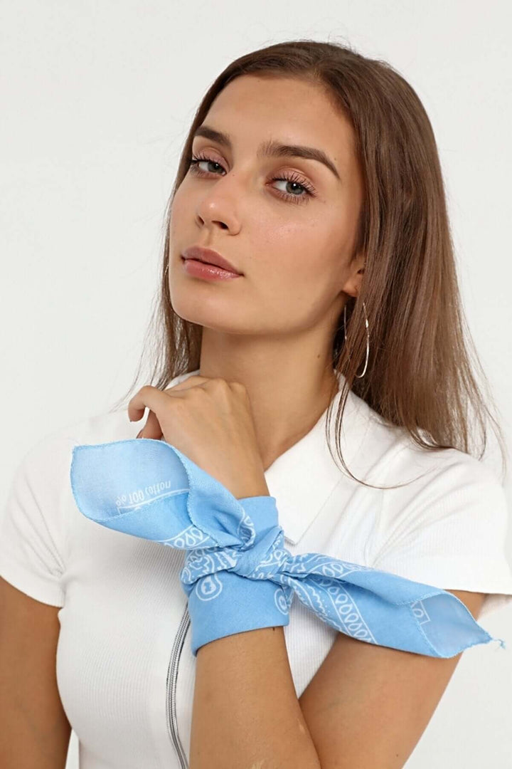 Etnik Desenli Bandana Fular %100 Pamuklu Saç Aksesuar Açık Mavi - Indirimsepeti