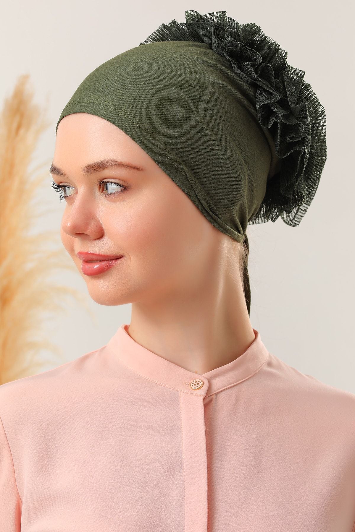 Kadın Tesettür Fırfırlı Penye Bone Haki - Indirimsepeti