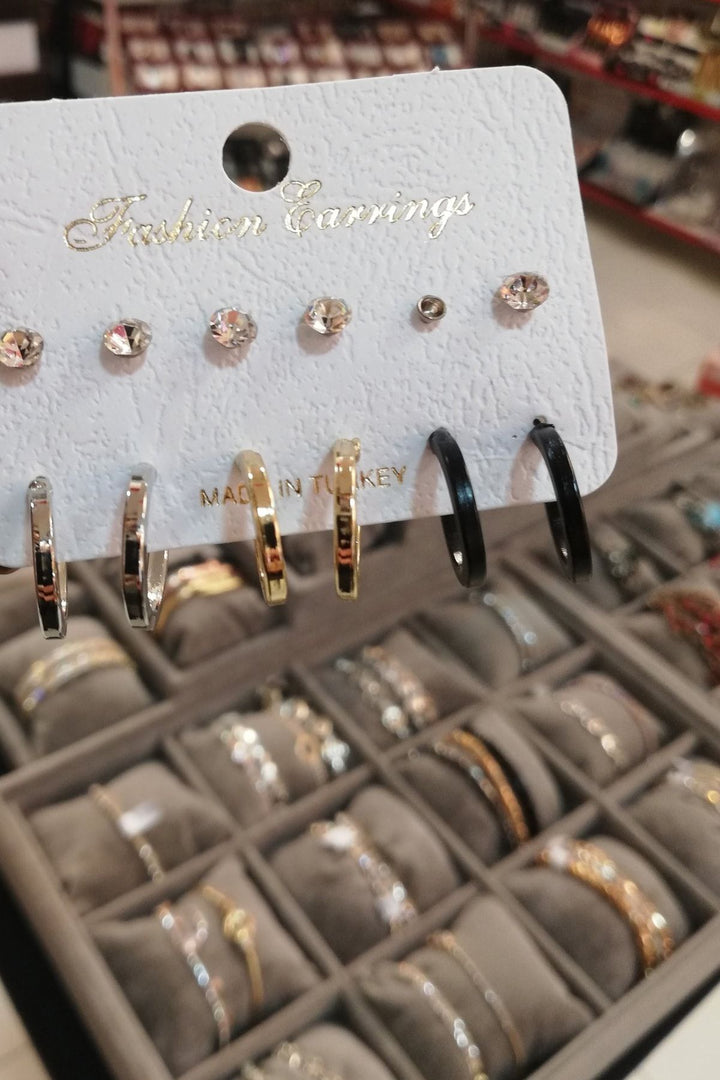 Küpe Set Halkalı Siyah Gold Silver 12 Adetli Kombin Altılı 6'lı Köşeli - Indirimsepeti