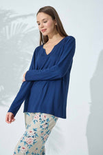 Lacivert Krem Çiçek Desenli Dantel Detaylı Viskon Pijama Takım - Indirimsepeti