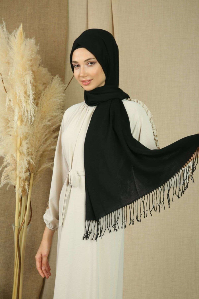Şal Pamuklu Viskon Siyah Kadın Şal 180x70 Cm Püsküllü - Indirimsepeti