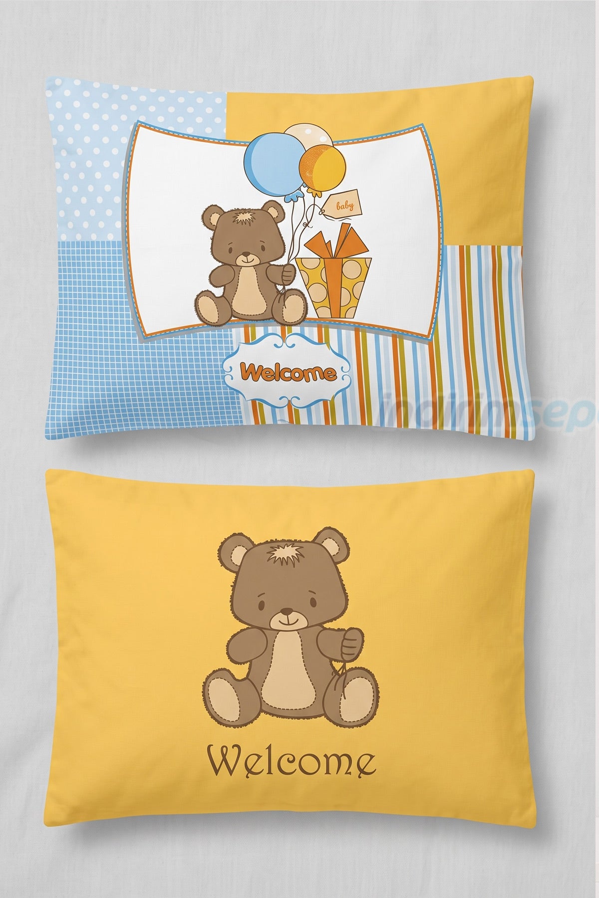 Ayıcık Desenli Çocuk Yastık Kılıfı | Sarı Mavi Pamuklu Yastık Kılıfı 47x36 cm 2 li set