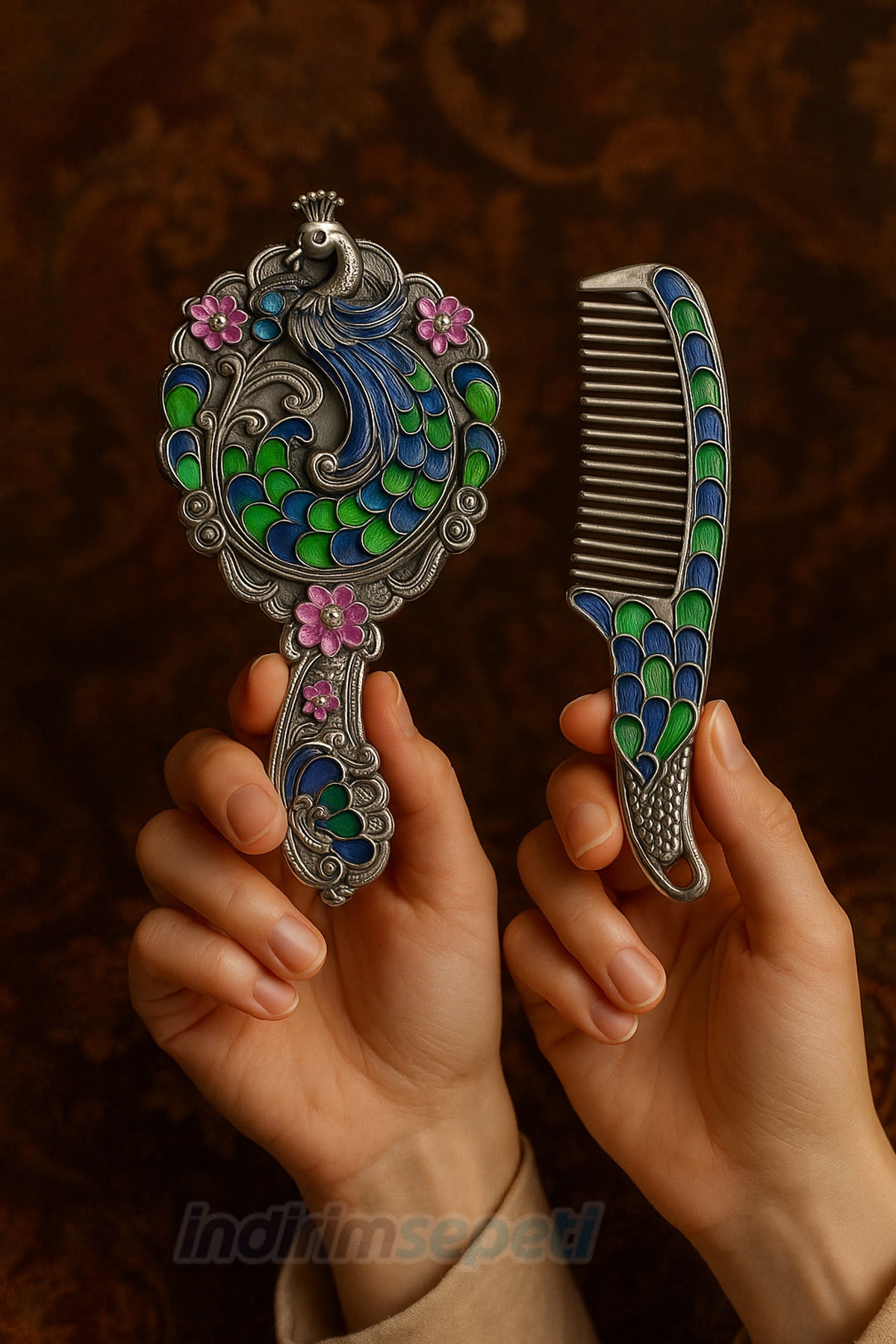 Otantik Tavus Kuşu Ayna Tarak Seti – El İşçiliği Metal Gövde Kutulu Şık Hediye Seti