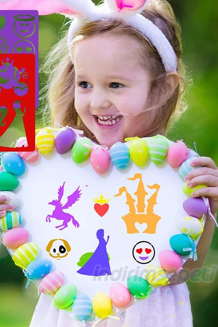 Plastik Boyama ve Şekil Cetveli +3 Adet Kalem Çizim Şablonu, Tekrar Kullanılabilir Çocuk Boyama Cetveli - Indirimsepeti
