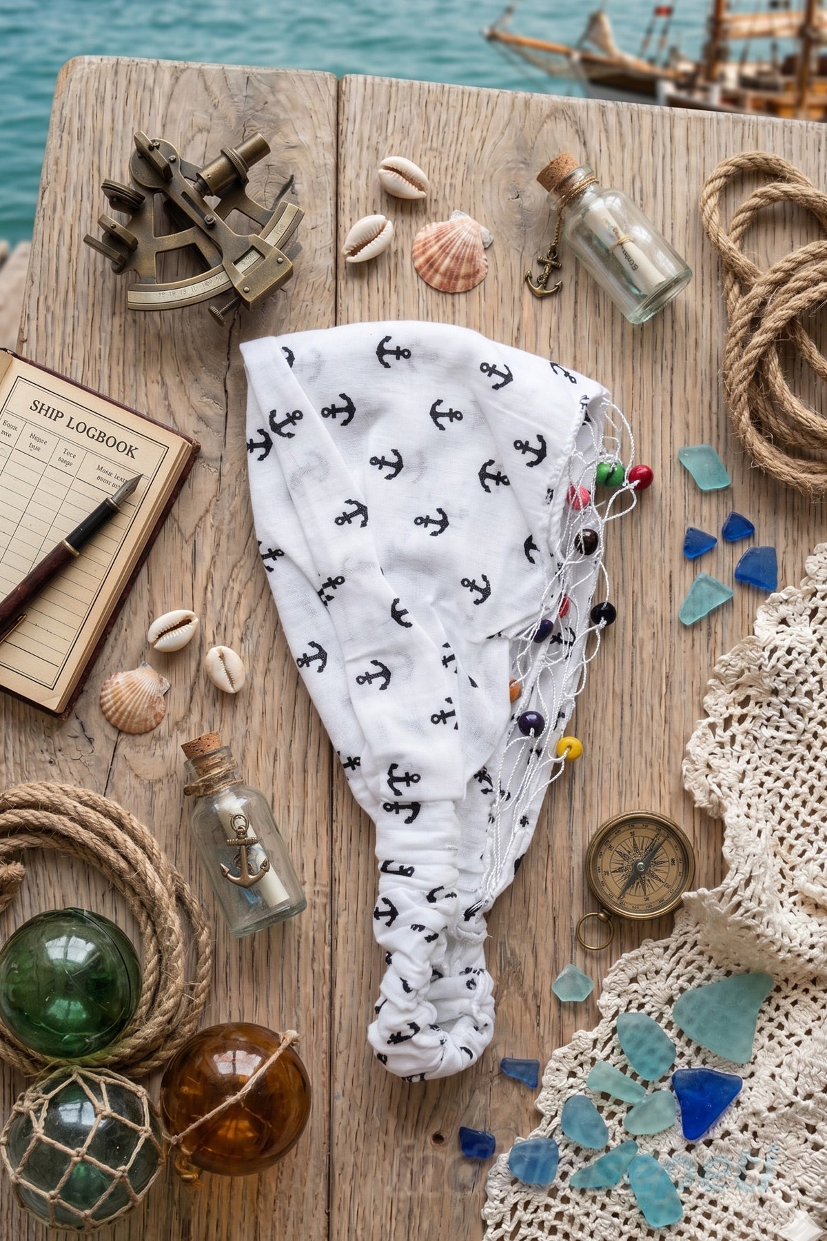 Beyaz Çapa Desenli Lastikli Bandana | Pamuklu Kumaş Elle Dikilmiş Boncuk Detaylı Saç Bandı - indirimsepeti
