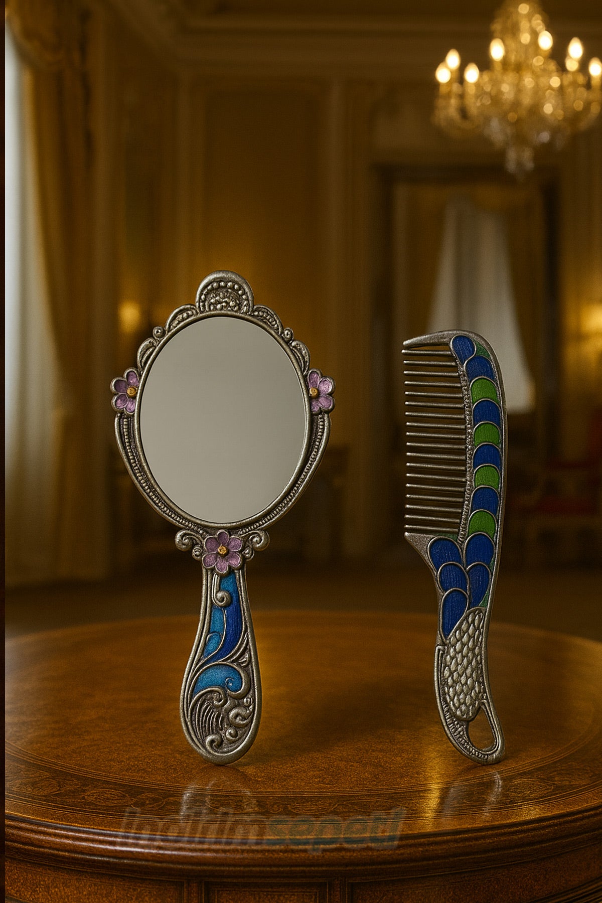 Otantik Tavus Kuşu Ayna Tarak Seti – El İşçiliği Metal Gövde Kutulu Şık Hediye Seti