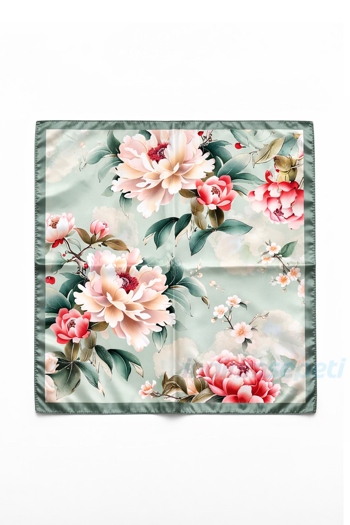 Romantik Floral Desenli Yeşil Şakayık Desenli Saten Fular 50x50 cm – Zarif Kare Bandana