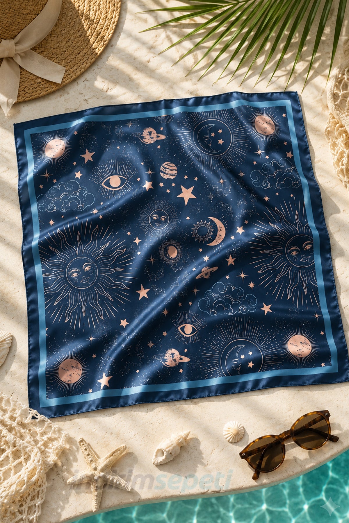 Güneş & Ay Desenli Lacivert Saten Bandana 50x50 cm – Astroloji Temalı Şık Fular