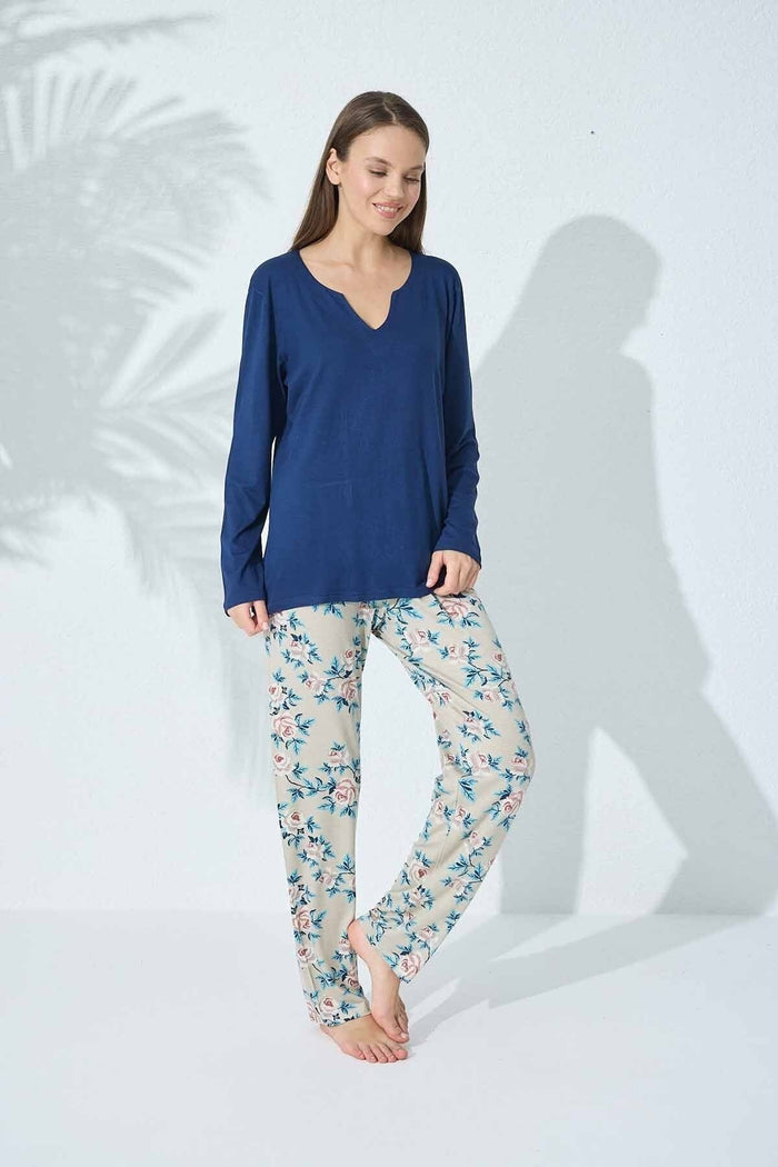 Lacivert Krem Çiçek Desenli Dantel Detaylı Viskon Pijama Takım - Indirimsepeti