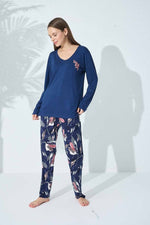 Lacivert Çiçek Desenli Dantel Detaylı V Yaka Viskon Pijama Takım - Indirimsepeti