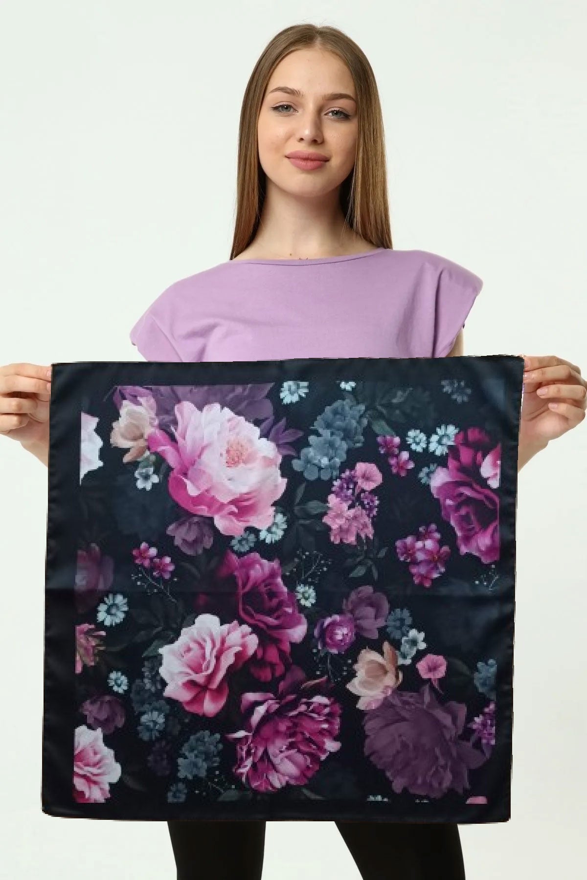 Fular Bandana Kara Gül Desenli Rayon Viskon Saten - Indirimsepeti