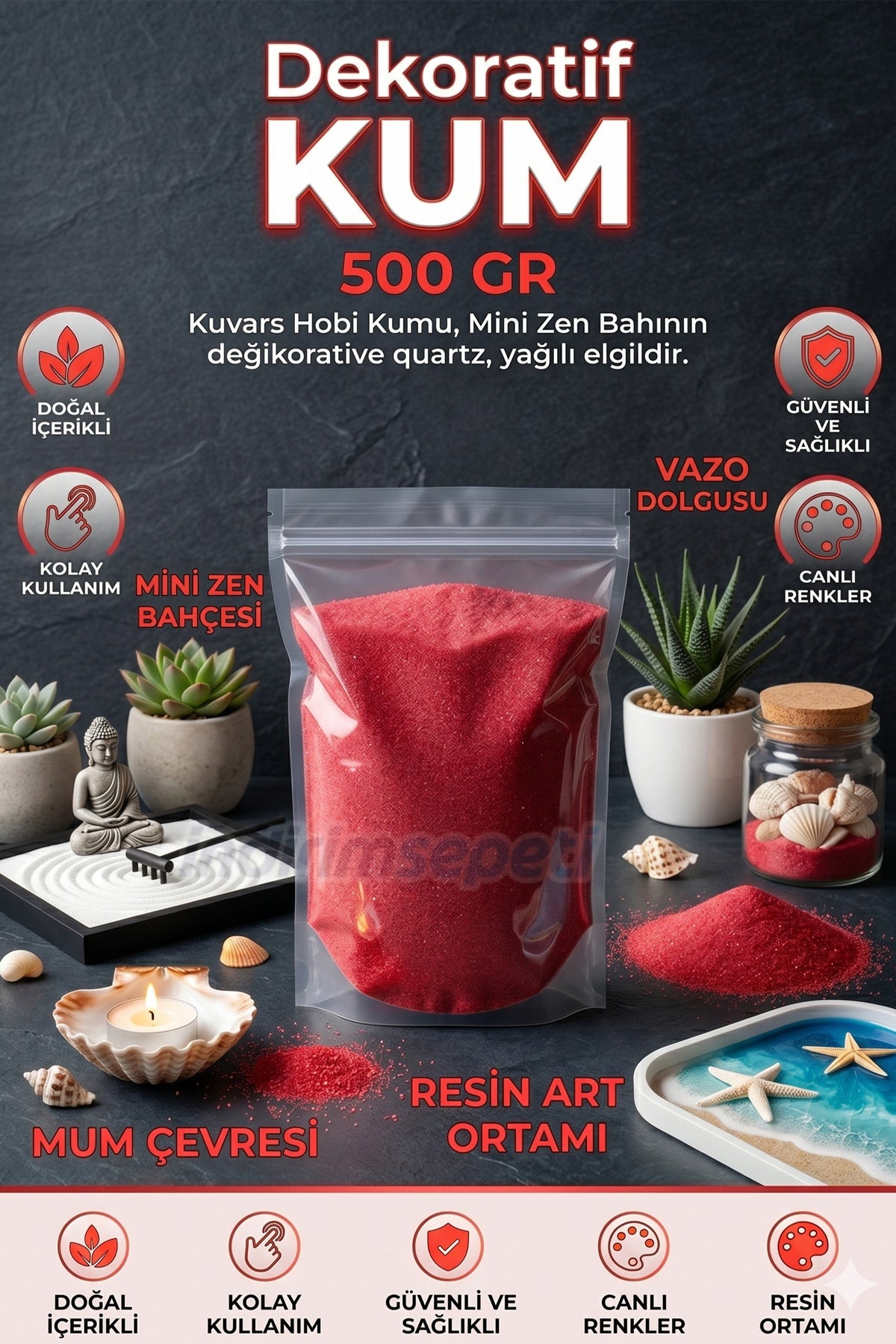 Canlı Kırmızı Kum Boyama Kumu 500 Gr – Toksik İçermez, Tozsuz, Düzgün Taneli, Resim Art, Kum Boyama, Vazo Dolgusu, Masa Süsü