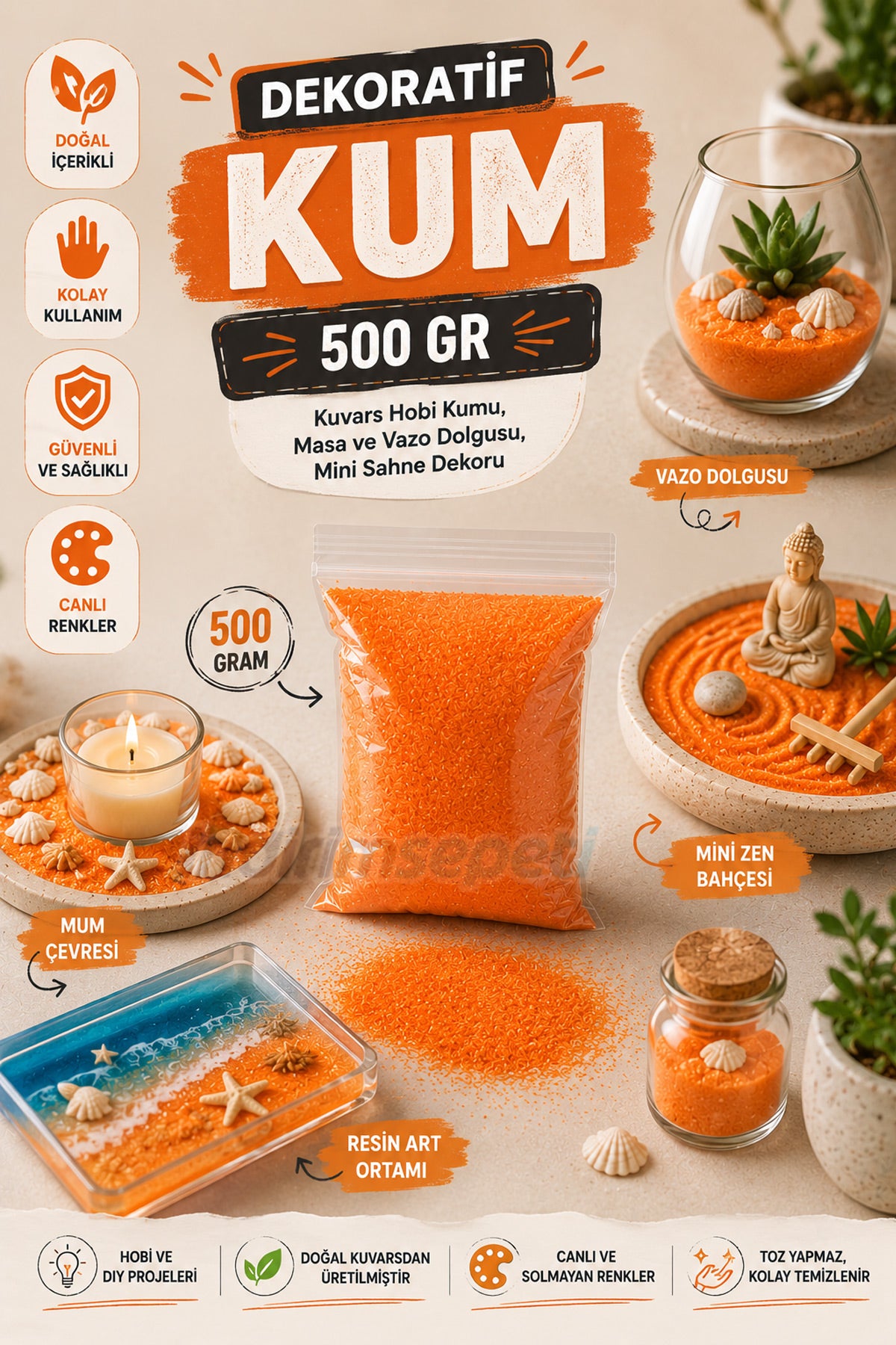 Turuncu Dekoratif Kum 500 Gr | Kuvars Hobi Kumu, Masa ve Vazo Dolgusu, Mini Sahne Dekoru