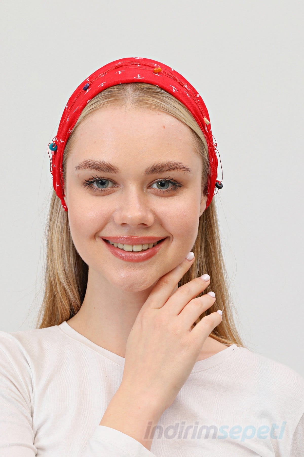 Kırmızı Çapa Desenli Lastikli Bandana | Pamuklu Kumaş Elle Dikilmiş Boncuk Detaylı Saç Bandı - indirimsepeti