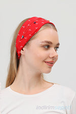Kırmızı Çapa Desenli Lastikli Bandana | Pamuklu Kumaş Elle Dikilmiş Boncuk Detaylı Saç Bandı - indirimsepeti