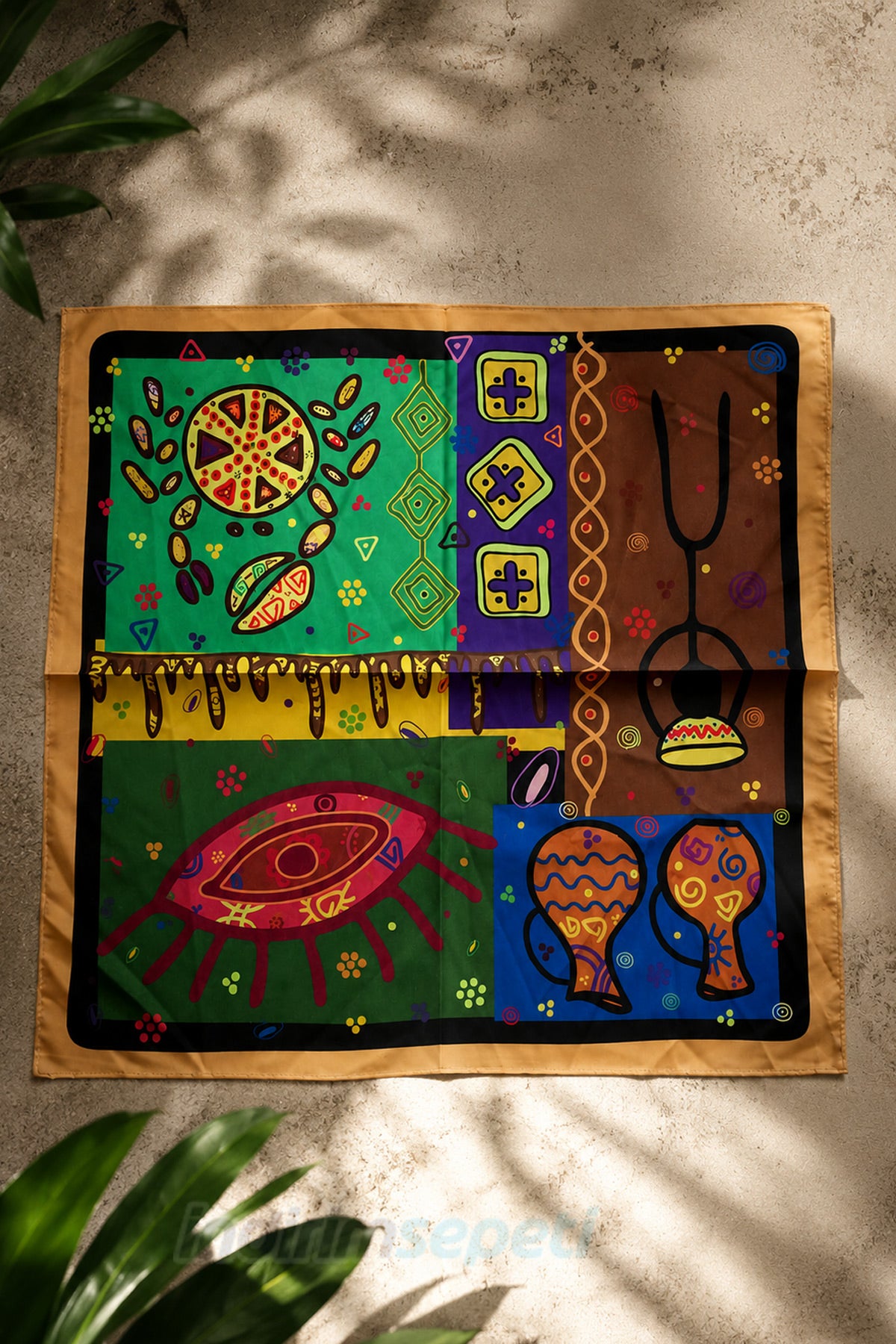 Afrika Sanatı Desenli Saten Bandana 50x50 cm – Renkli Tribal & Modern Sanat Fular