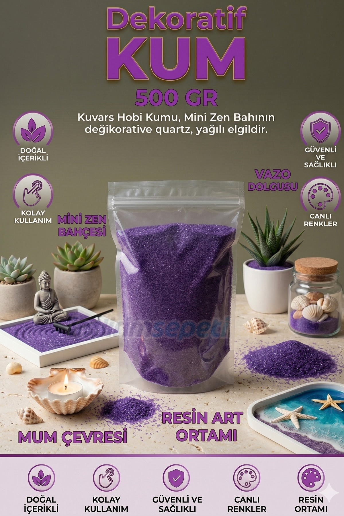 Mor Dekoratif Kum Boyama Kumu 500 gr  | Estetik Hobi Kumu, Vazo Dolgusu, Masa & Sahne Dekorları – 500 gr
