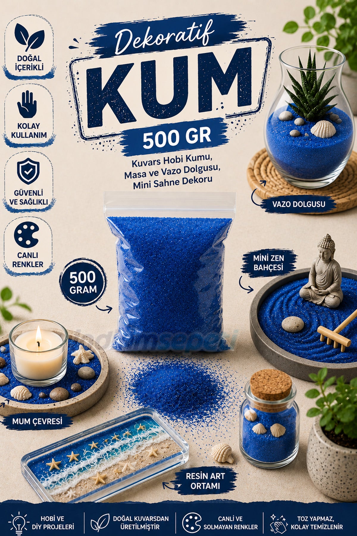 Mavi Kuvars Kum – 500 gr ince Taneli Kum Boyama, Dekoratif & Hobi Kumları