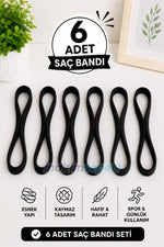 Siyah Sporcu & Günlük Kullanım Saç Bandı 6 Adet– Kaymaz Esnek Unisex Saç Lastik