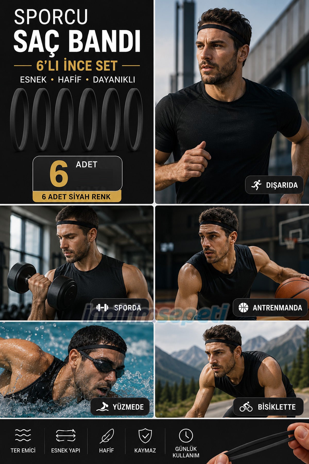 Siyah Sporcu & Günlük Kullanım Saç Bandı 6 Adet– Kaymaz Esnek Unisex Saç Lastik