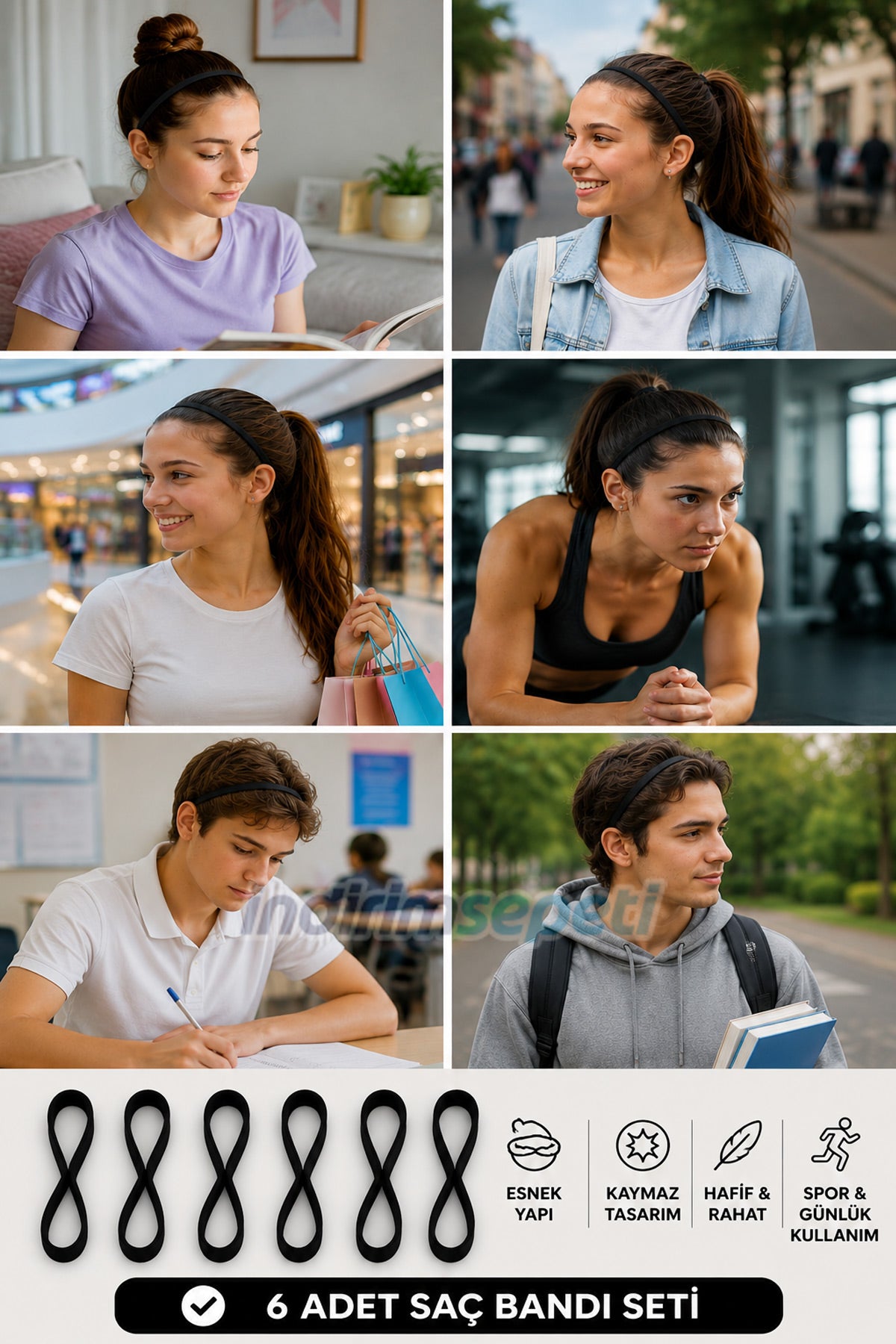 Siyah Sporcu & Günlük Kullanım Saç Bandı 6 Adet– Kaymaz Esnek Unisex Saç Lastik