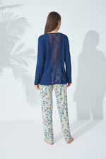 Lacivert Krem Çiçek Desenli Dantel Detaylı Viskon Pijama Takım - Indirimsepeti