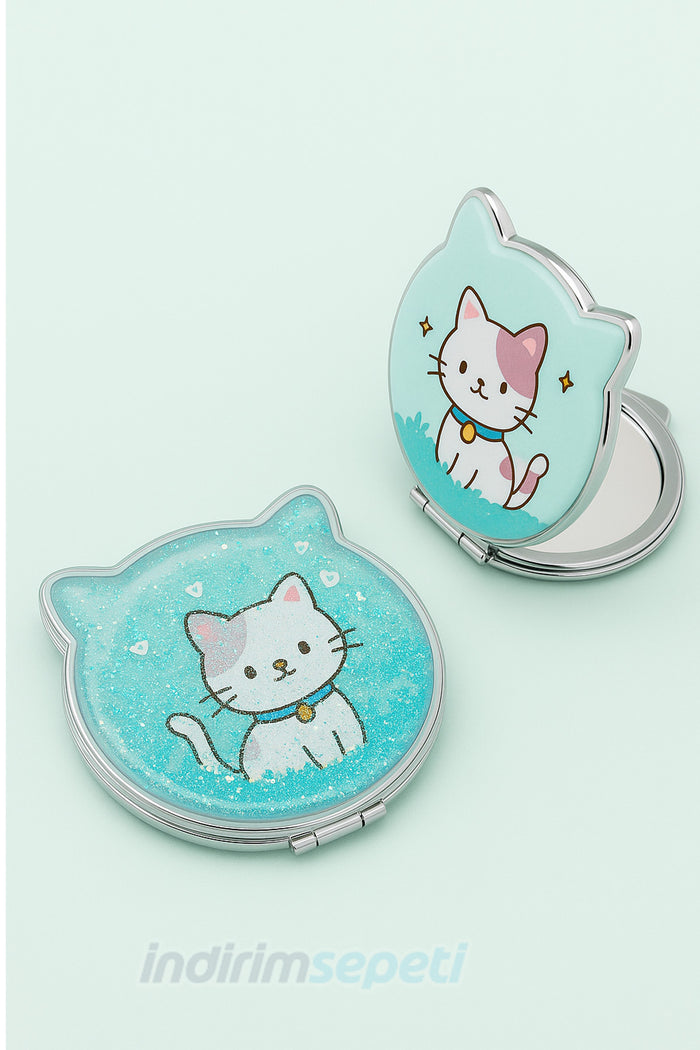 Kedi Tasarımlı Simli Sulu Kozmetik Cep Çanta Aynası Kapaklı El Makyaj Aynası Aparatı