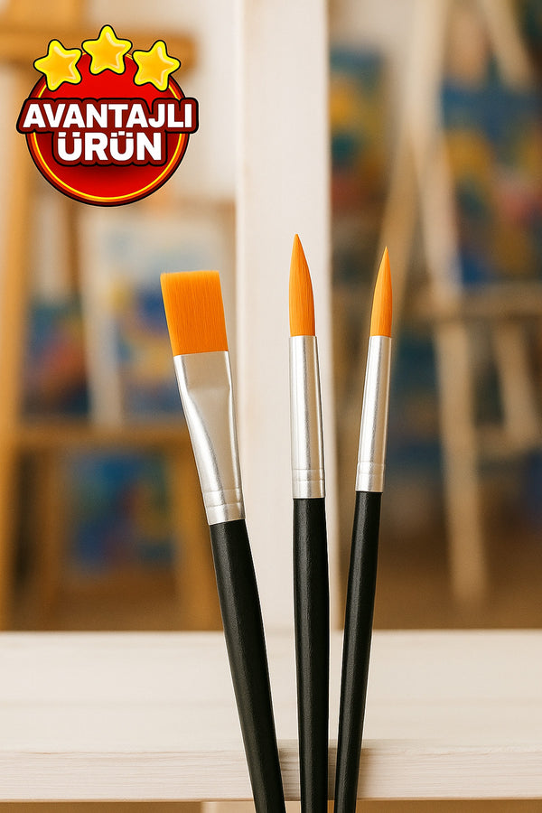 3’lü Sanatsal Fırça Seti – Düz ve Sivri Uçlu Profesyonel Boya Fırçaları