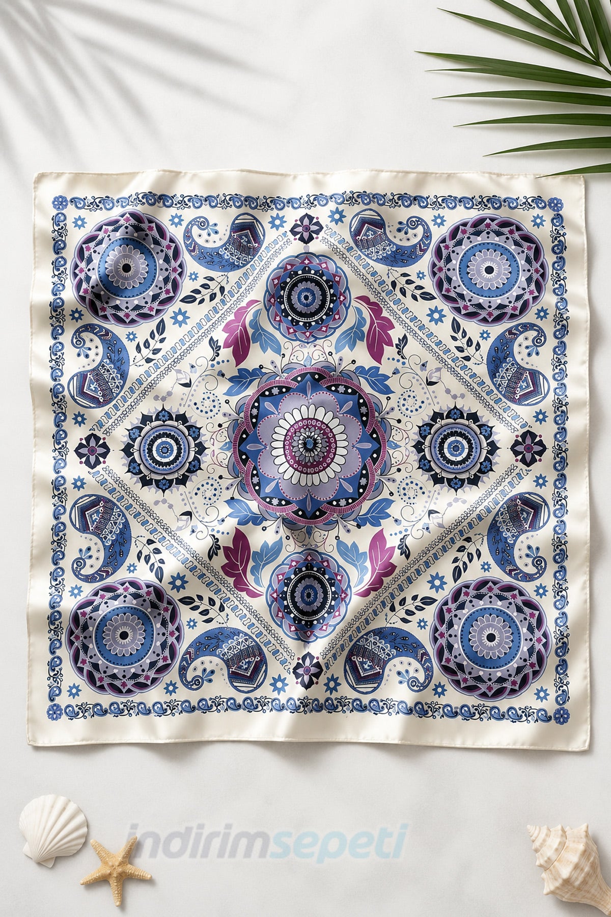 Lacivert & Mor Mandala Desenli Saten Bandana Fular 50x50 cm – Bohem Etnik Yaz Kombini