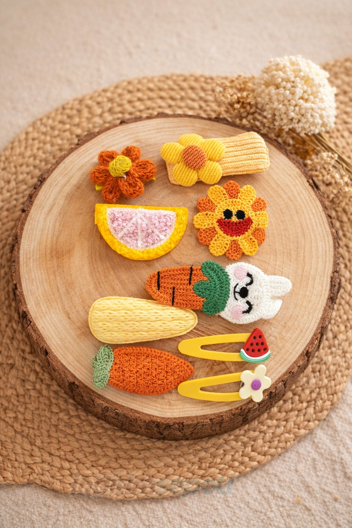 El Örgüsü Figürlü Çocuk Saç Tokası Seti – Çiçek, Meyve ve Sevimli Motifli Doğal Tasarım Aksesuar
