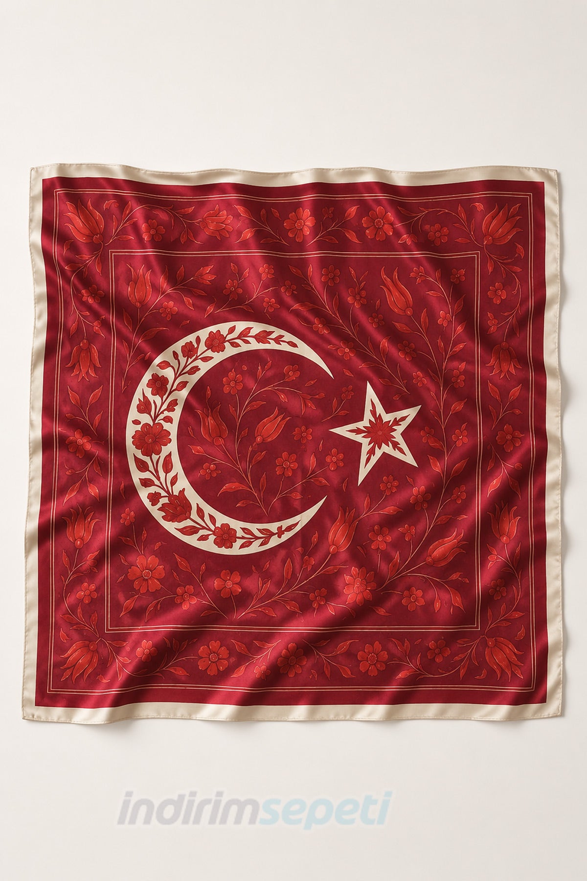 Ay Yıldız & Osmanlı Çiçek Desenli Bordo Saten Bandana Fular 50x50 cm