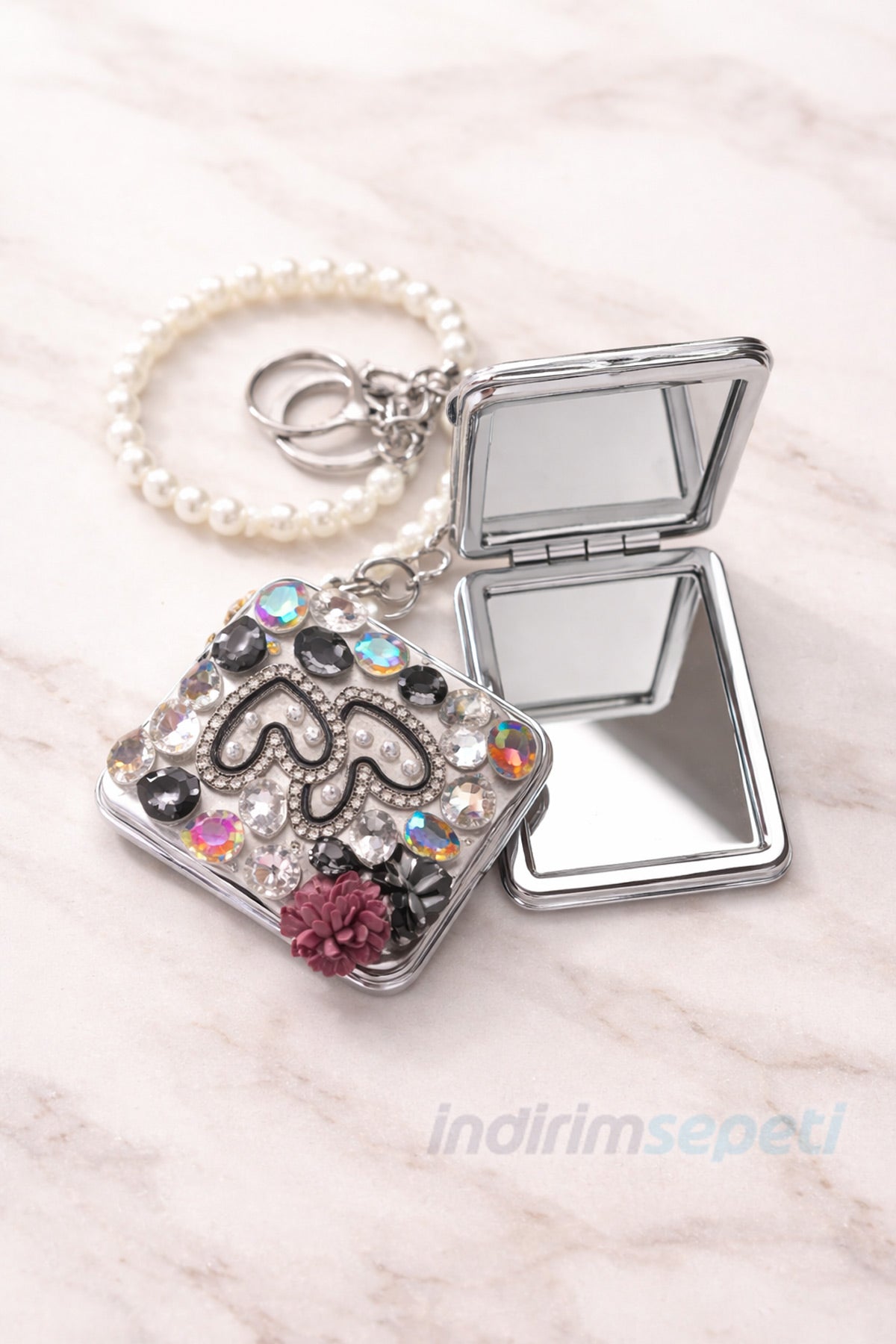 Cep Aynası Taşlı Çanta Aynası Anahtarlık | Şık ve Taş işlemeli Katlanabilir Kompakt  Özel Hediyelik