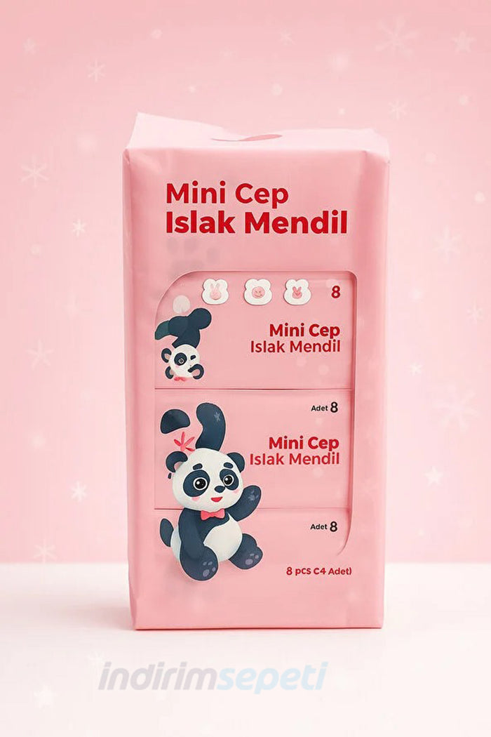 Mini Cep Islak Mendil 8’li Paket | Kokusuz, Panda Tasarım, Hijyenik Taşınabilir Mendil