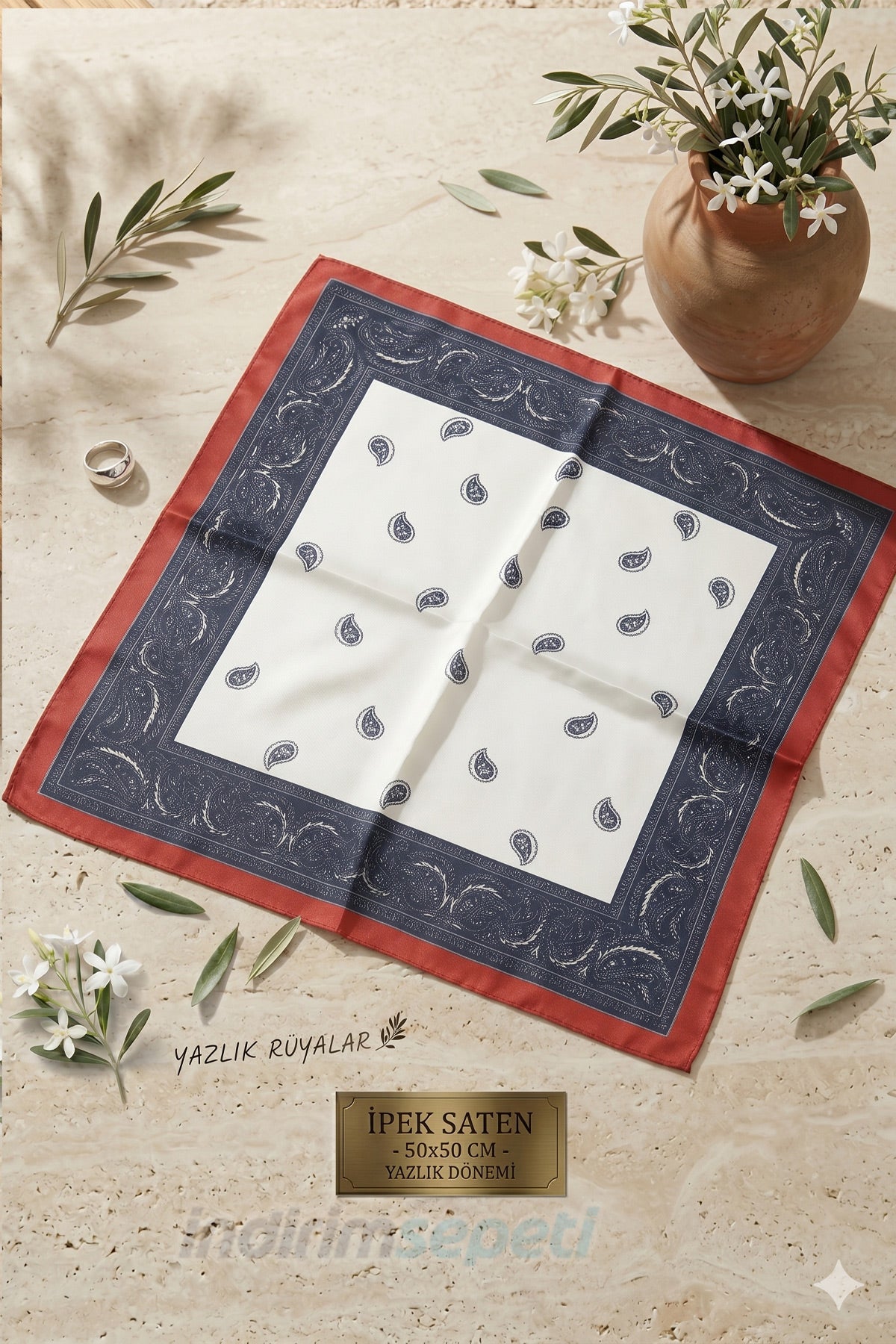 Şal Desenli Saten Saç Bandanası - 50x50 cm Yazlık Boyun Bağlama Fuları